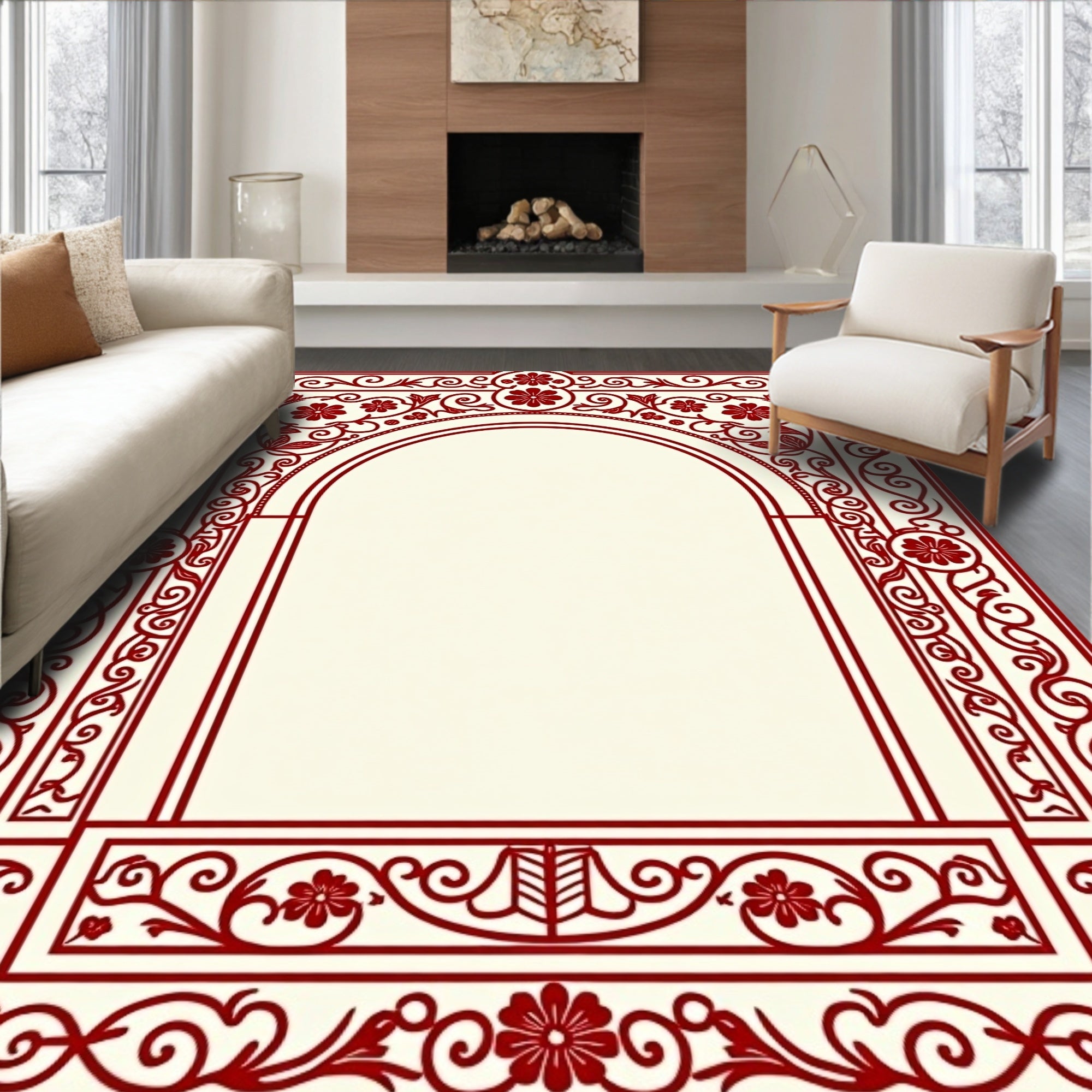 Intricate Red Floral Archway Frame Rug