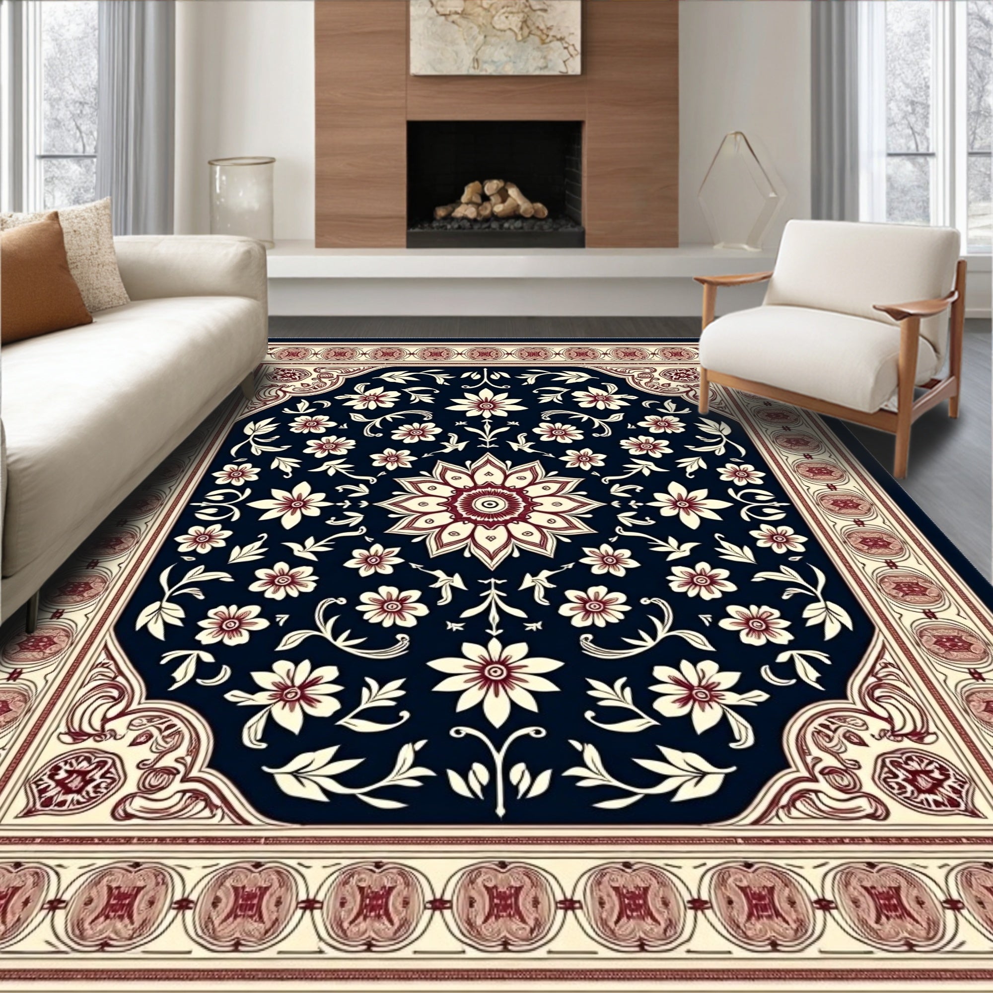 Crimson Ivory Floral Medallion Navy Rug