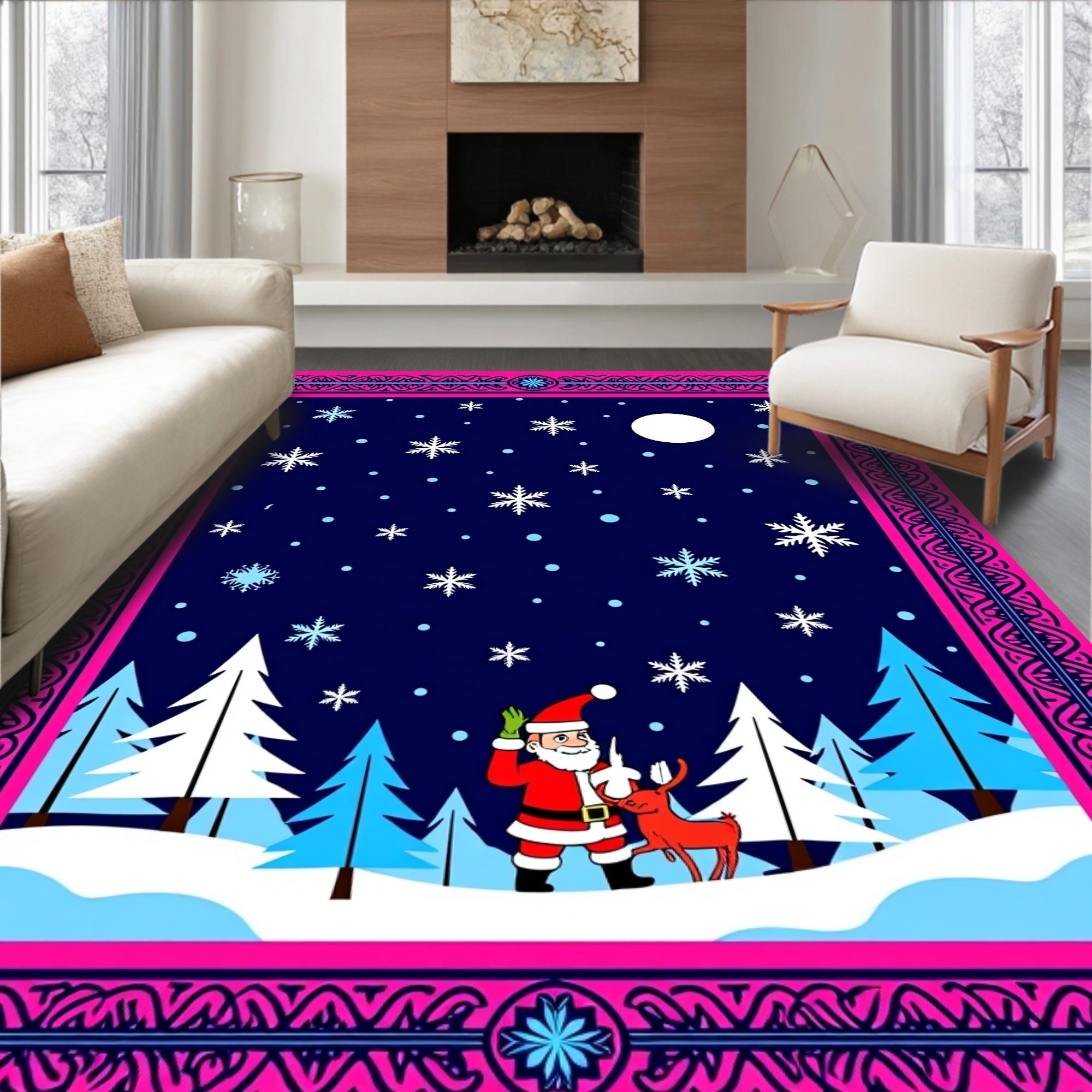 Festive Santa Snowfall Forest Border Rug