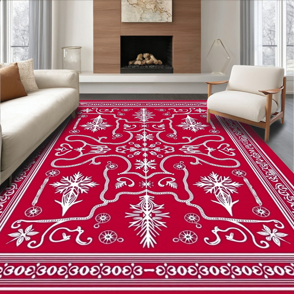 Crimson White Ornate Scroll Medallion Rug