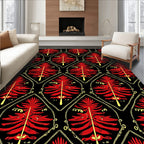 Crimson Red Feathered Fern Black Rug