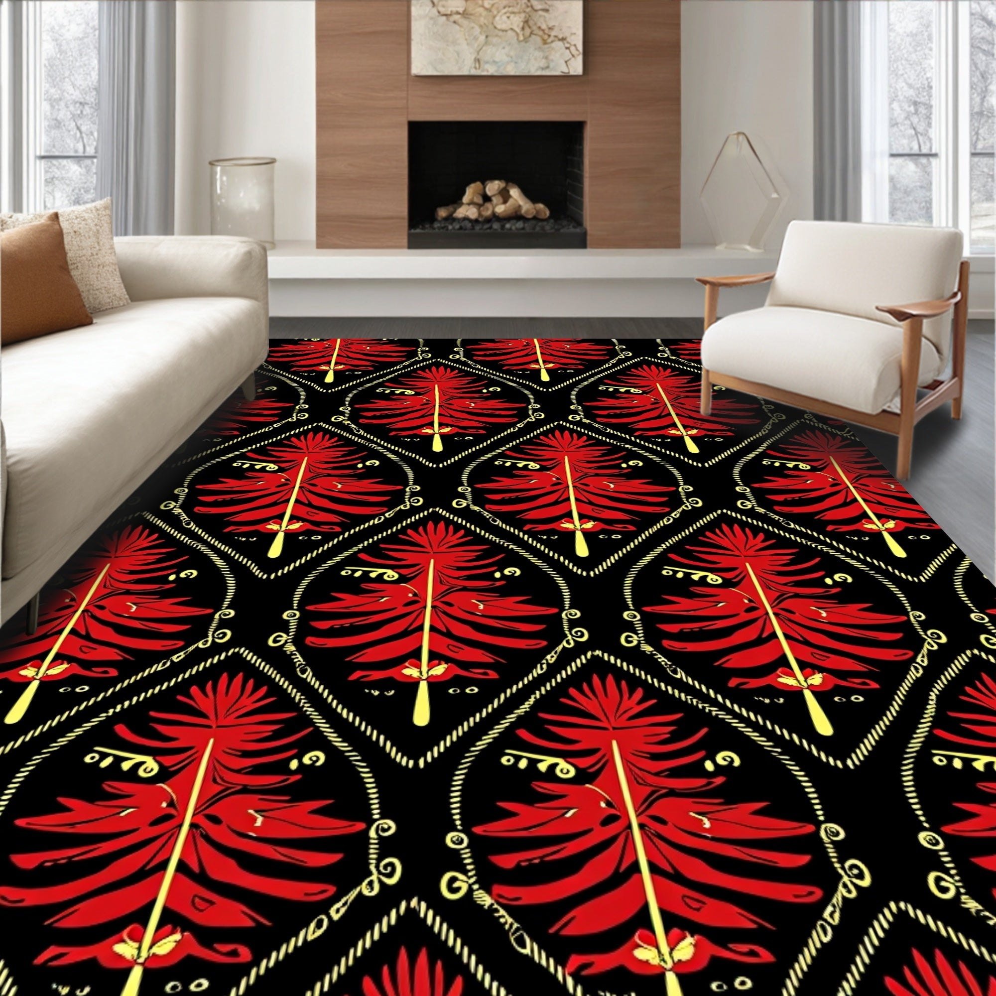 Crimson Red Feathered Fern Black Rug