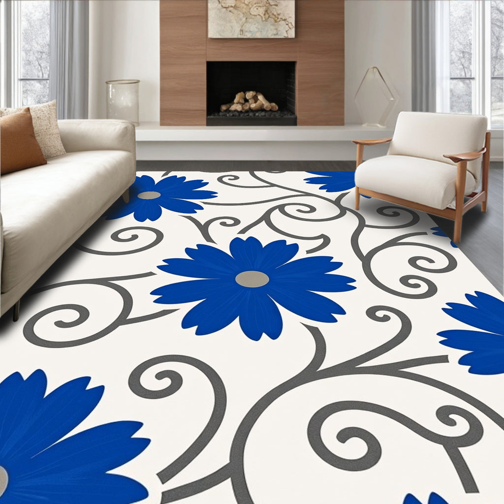 Vibrant Blue Floral Swirls Background Rug