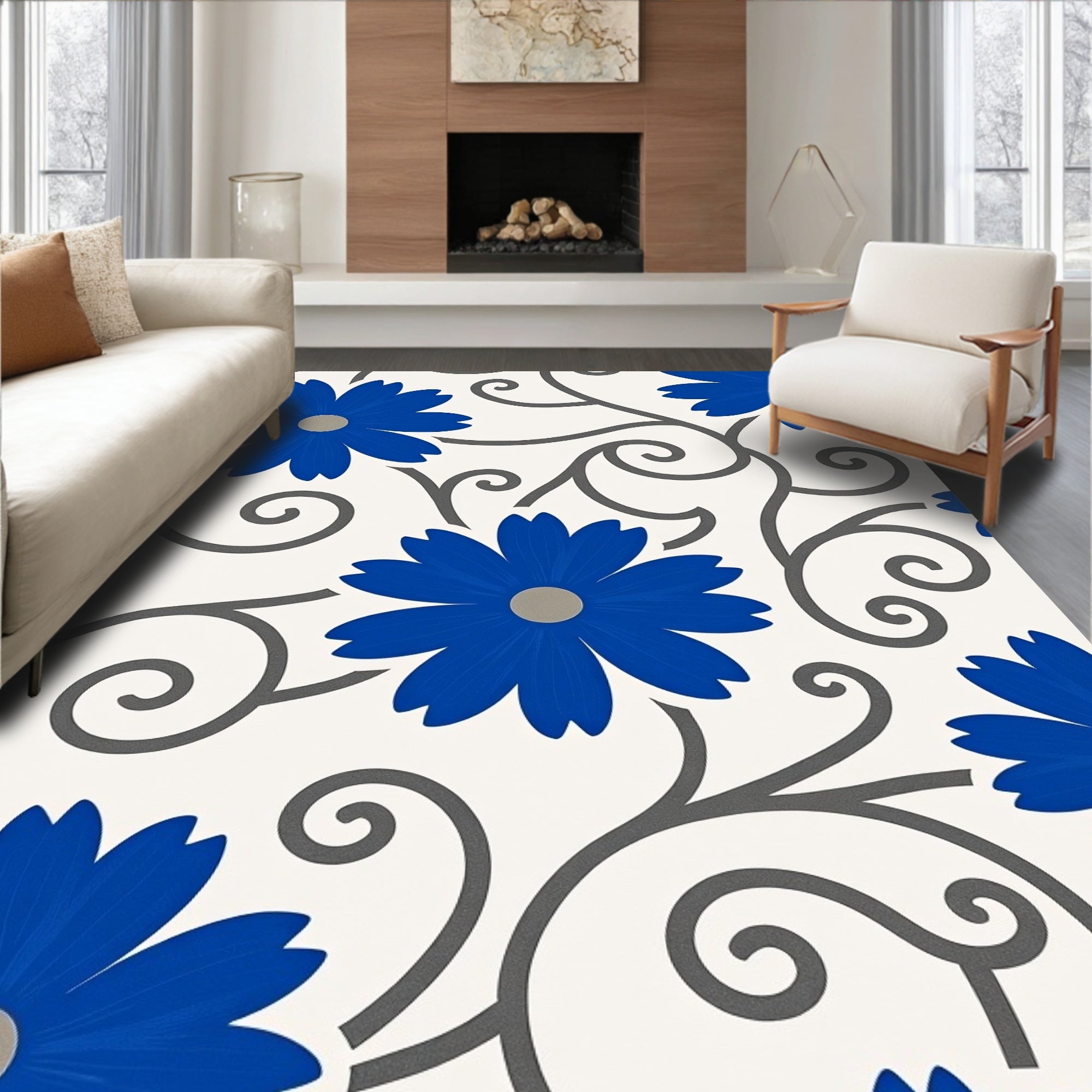 Vibrant Blue Floral Swirls Background Rug