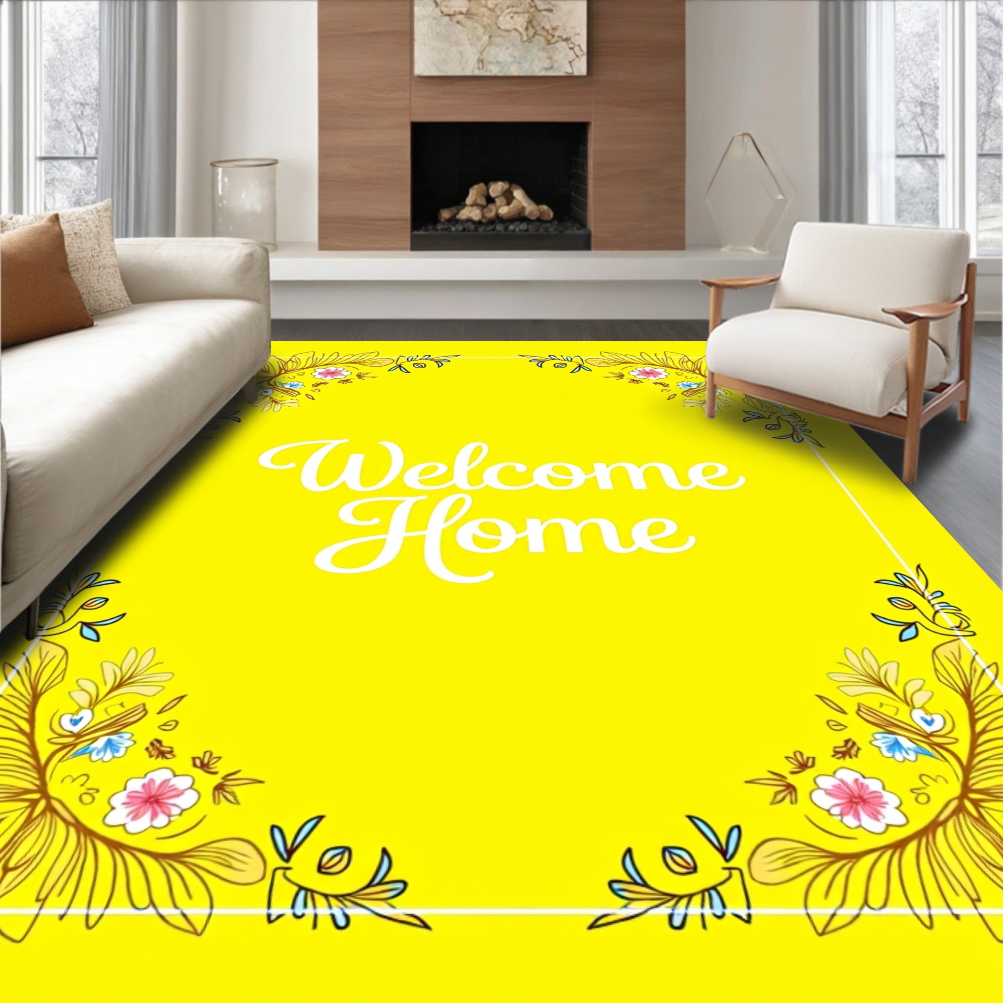 Golden Yellow Floral Corner Accents Rug