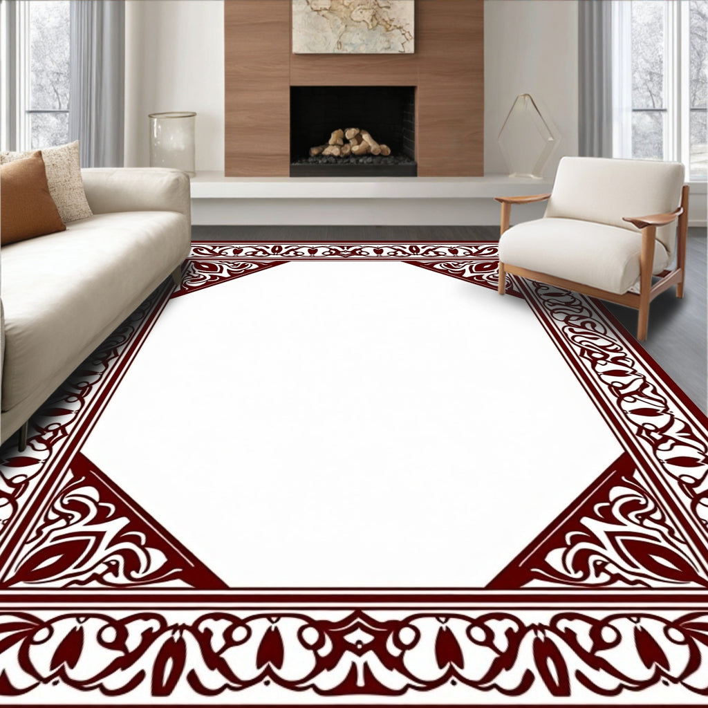 Maroon Elaborate Floral Octagon Frame Rug