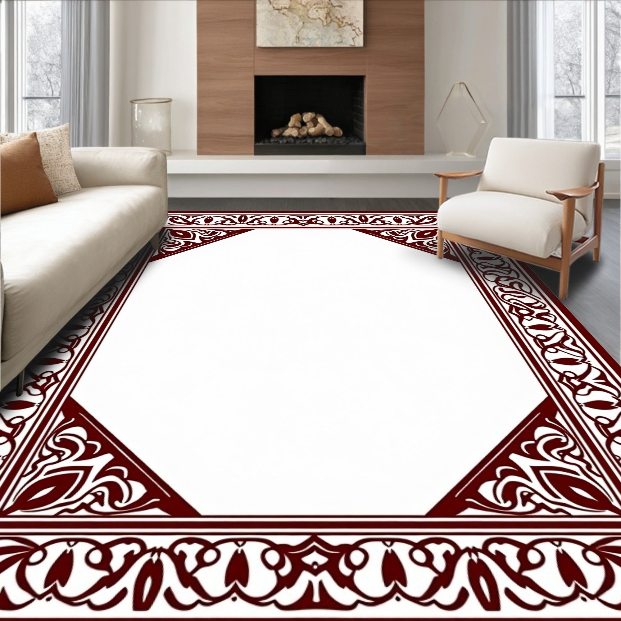 Maroon Elaborate Floral Octagon Frame Rug