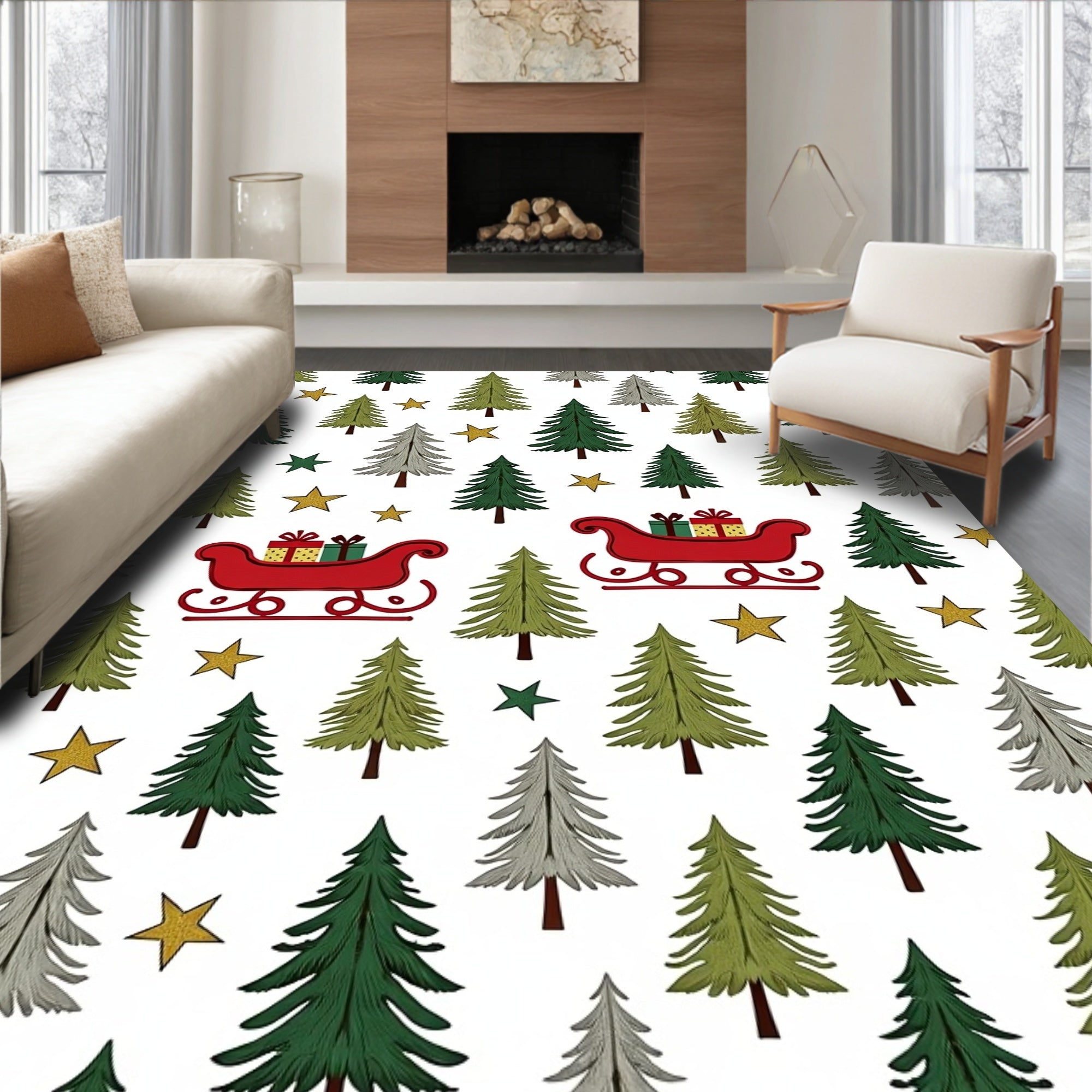 Festive Winter Trees Sleigh Gifts Stars Rug