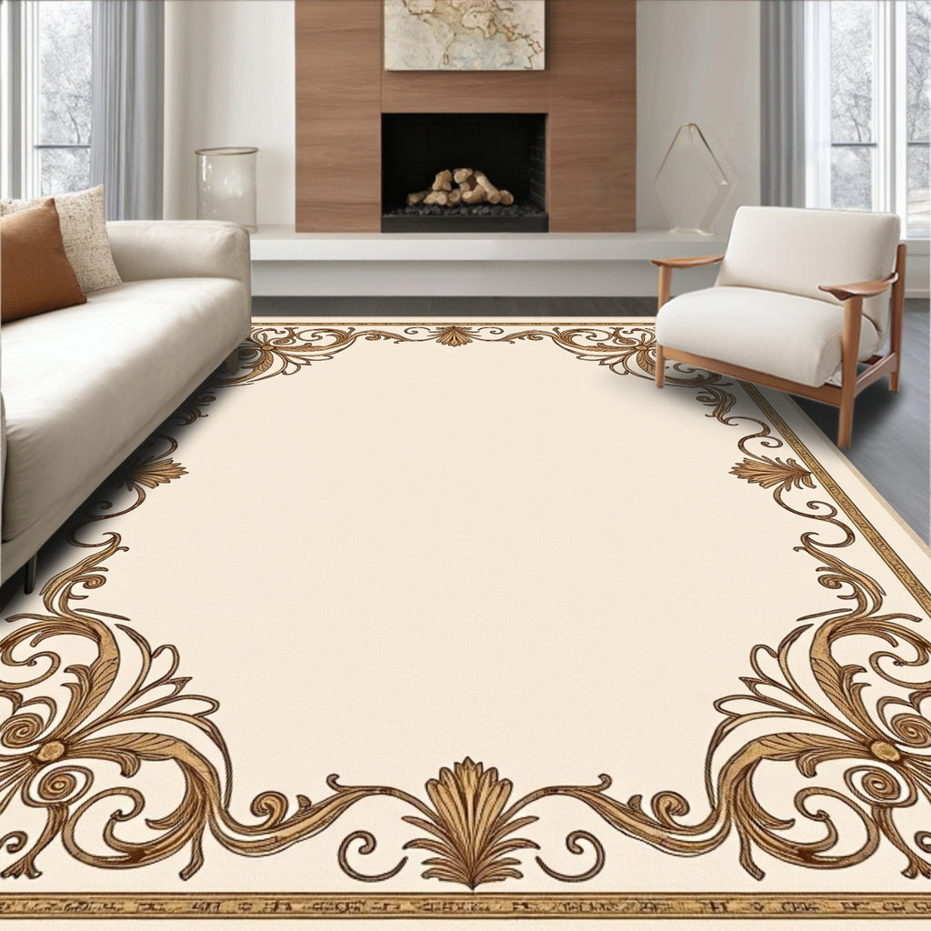 Cream and Gold Acanthus Scroll Border Rug