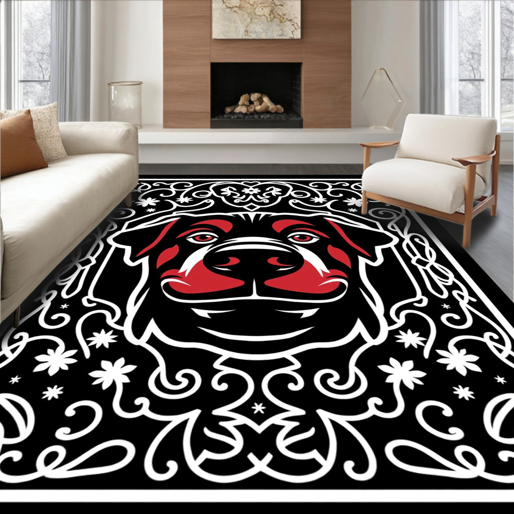 Bold Rottweiler Black Red Floral Rug