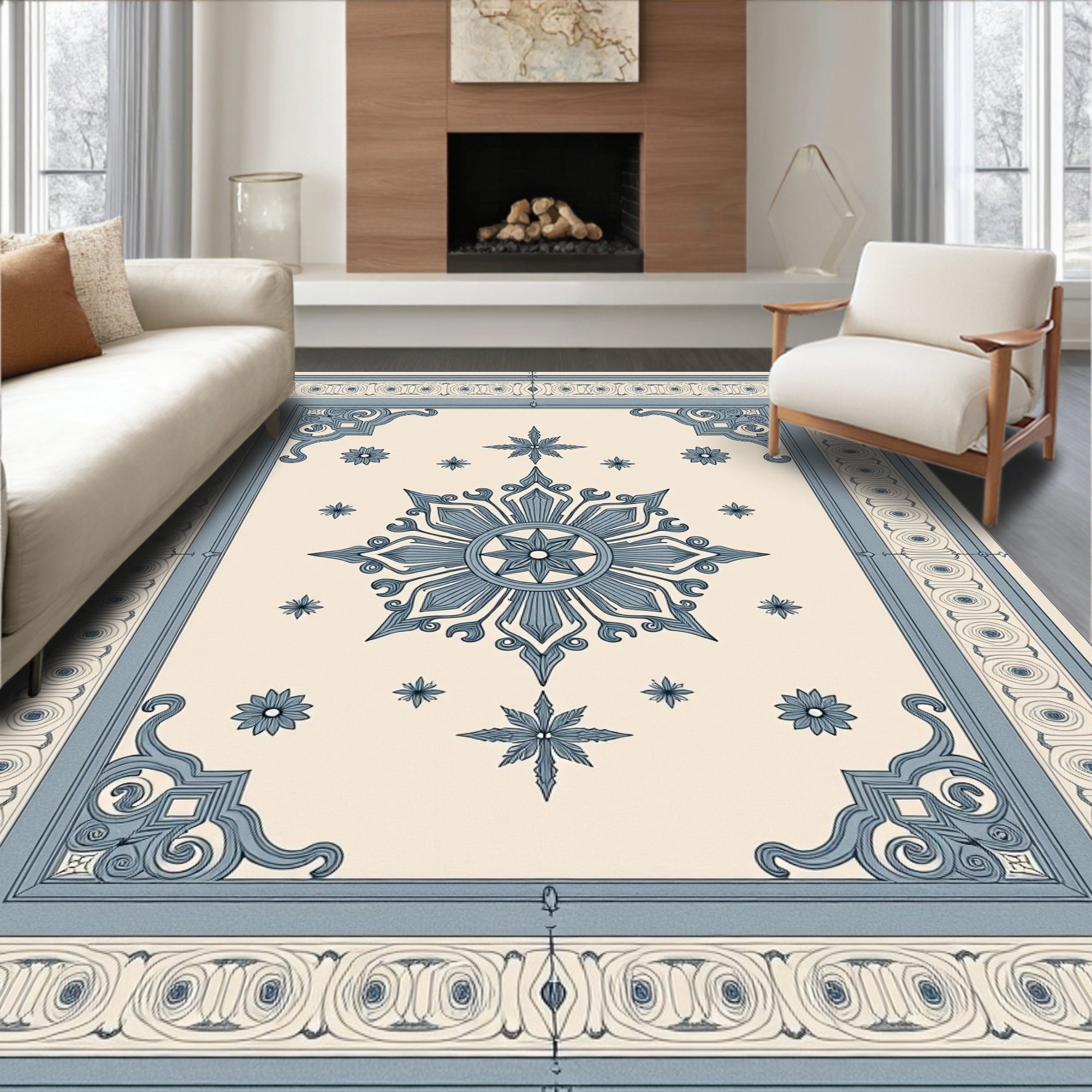 Vintage Blue Medallion Floral Border Rug
