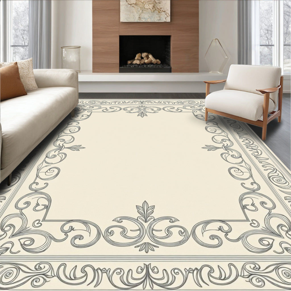 Ornate Ivory Scroll Border Rug