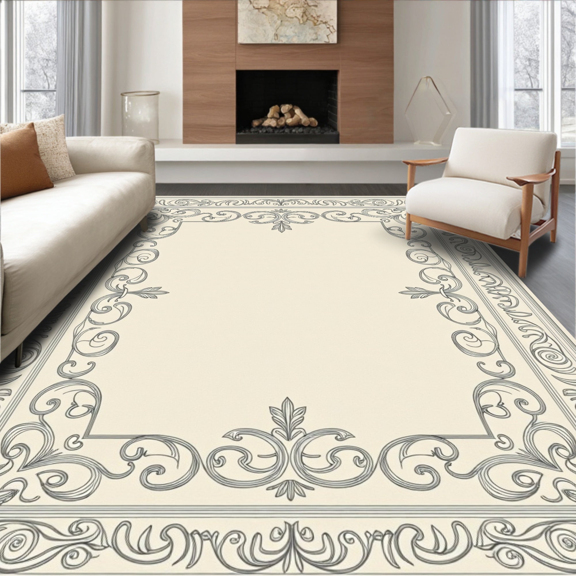 Ornate Ivory Scroll Border Rug