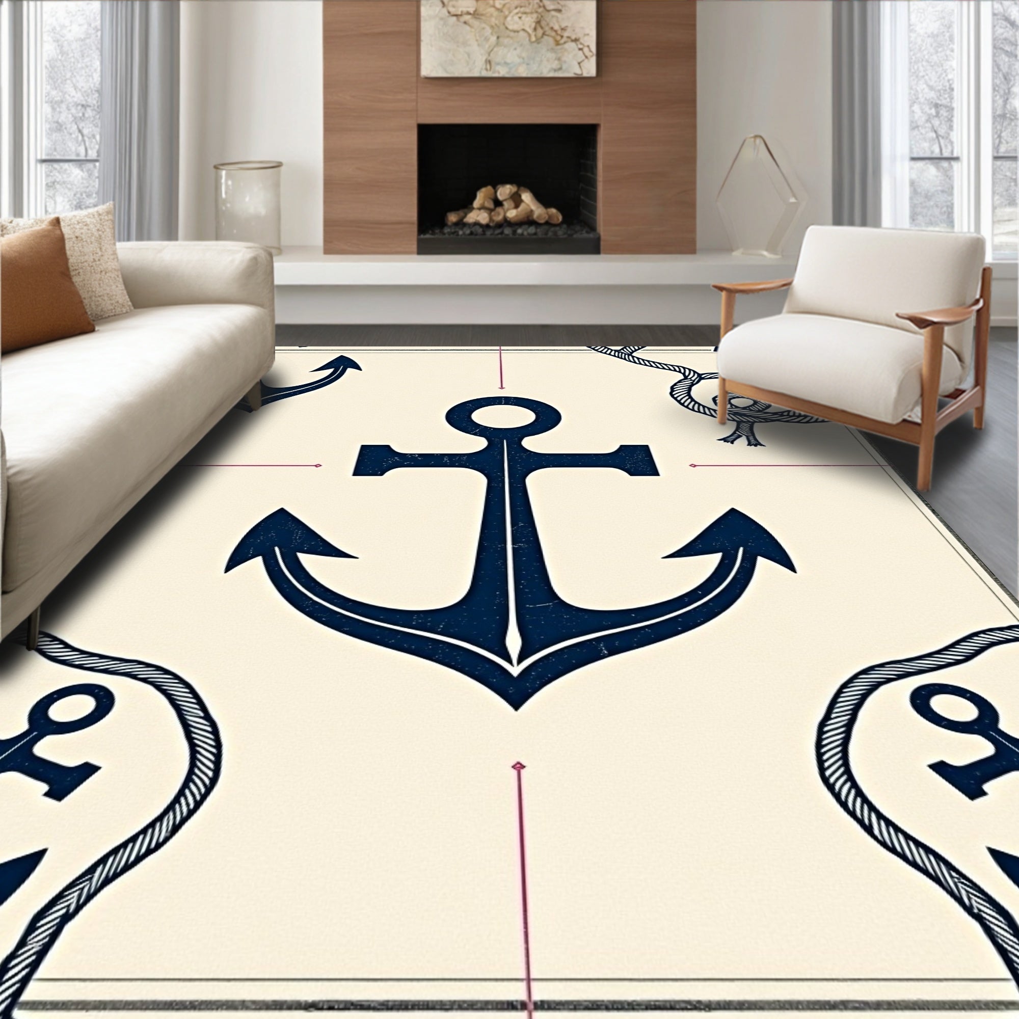 Navy Anchor Nautical Rope Cream Rug