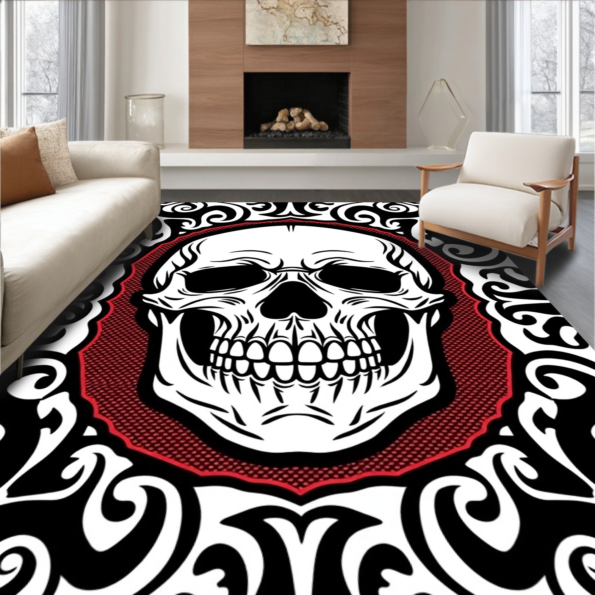 Black Crimson Skull Ornate Rug