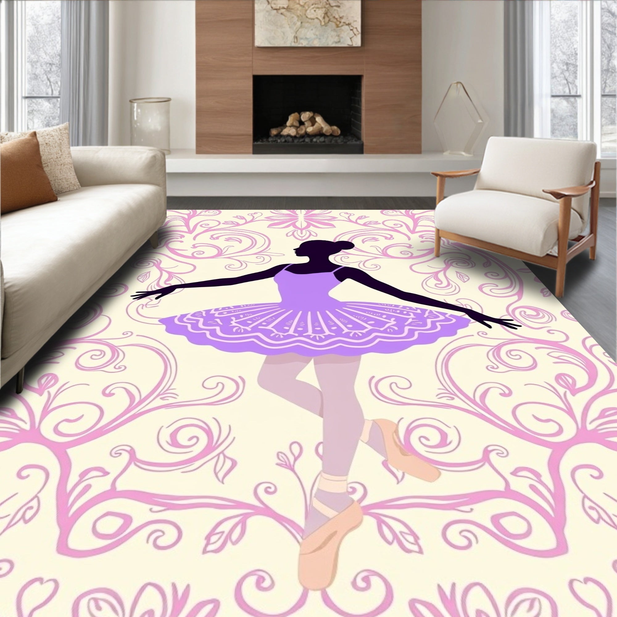 Lavender Ballerina Silhouette Cream Floral Rug
