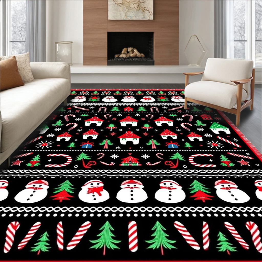 Jolly Snowman and Tree Holiday Stripes Rug