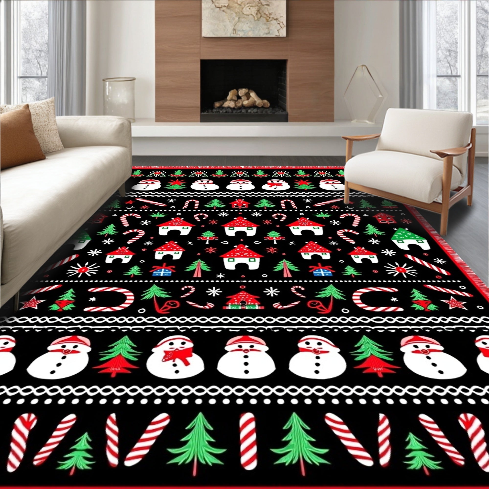 Jolly Snowman and Tree Holiday Stripes Rug