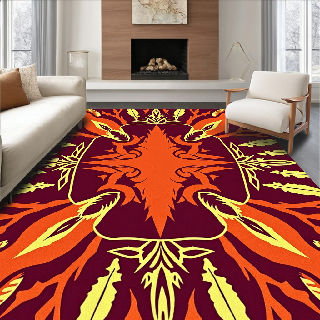 Crimson Orange Yellow Feathered Sunburst Rug