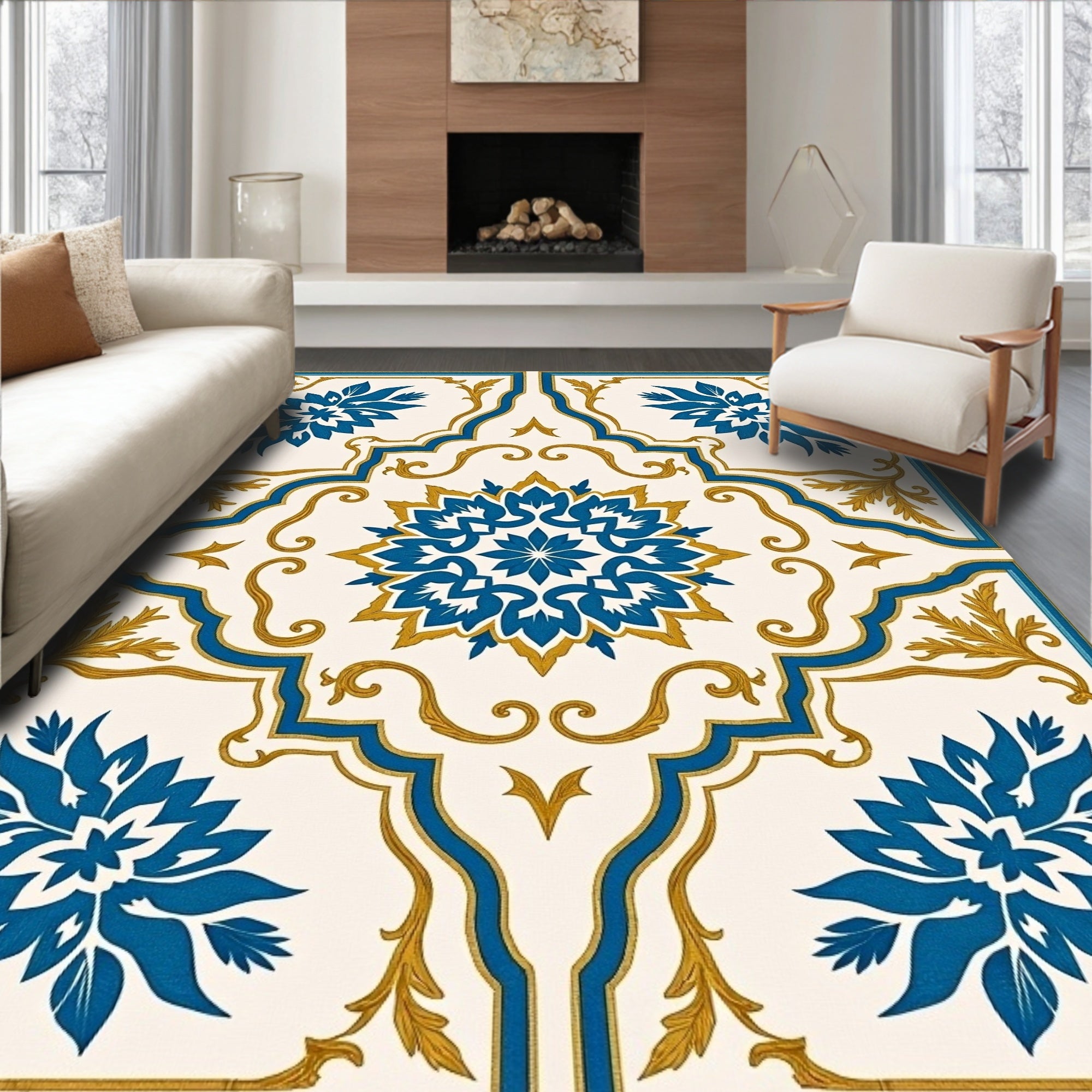 Blue Gold Floral Latticework Rug