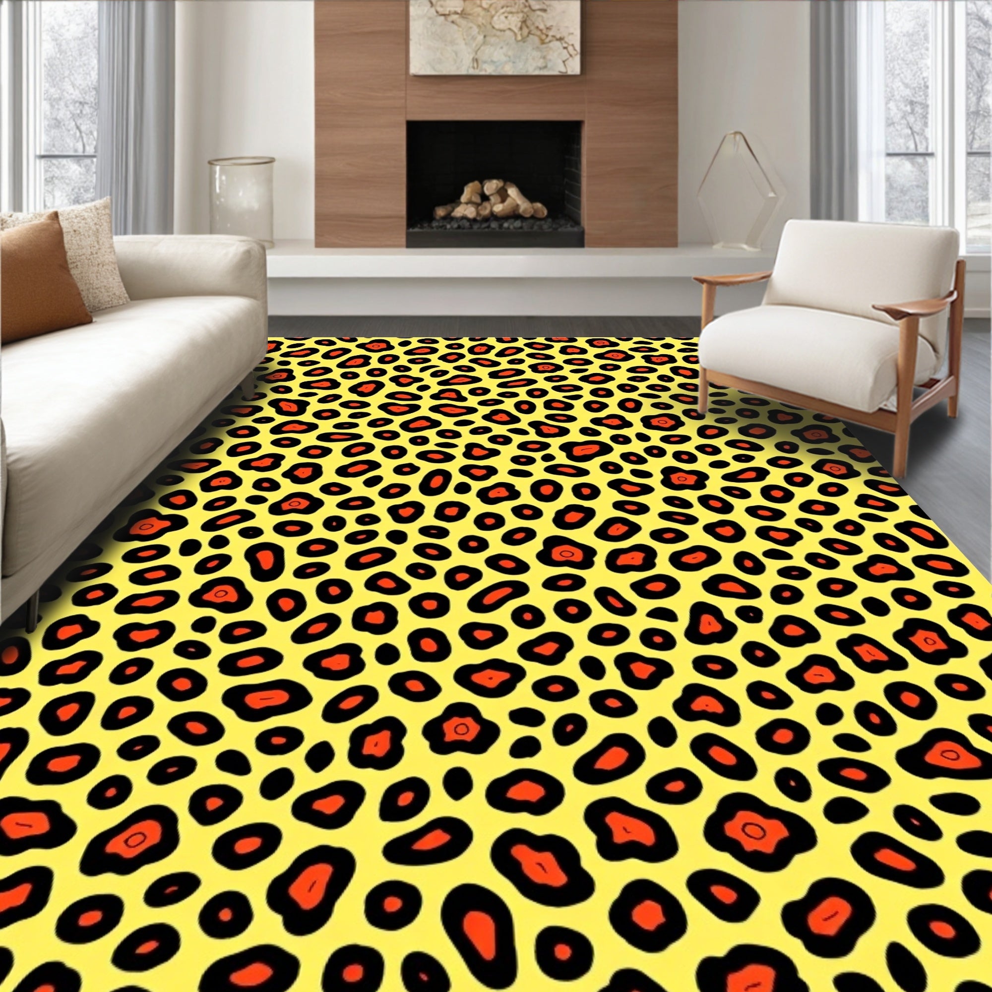 Vibrant Yellow Orange Leopard Spots Rug