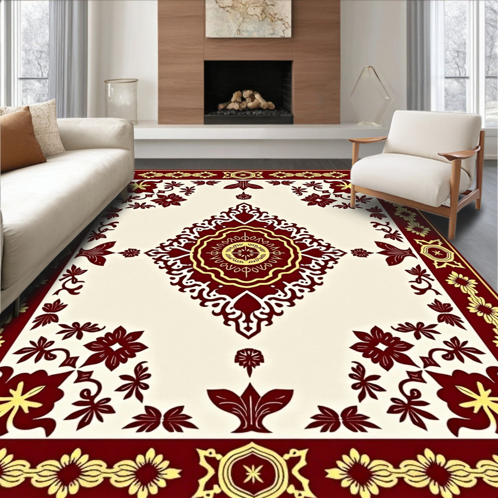 Deep Red Gold Floral Medallion Rug