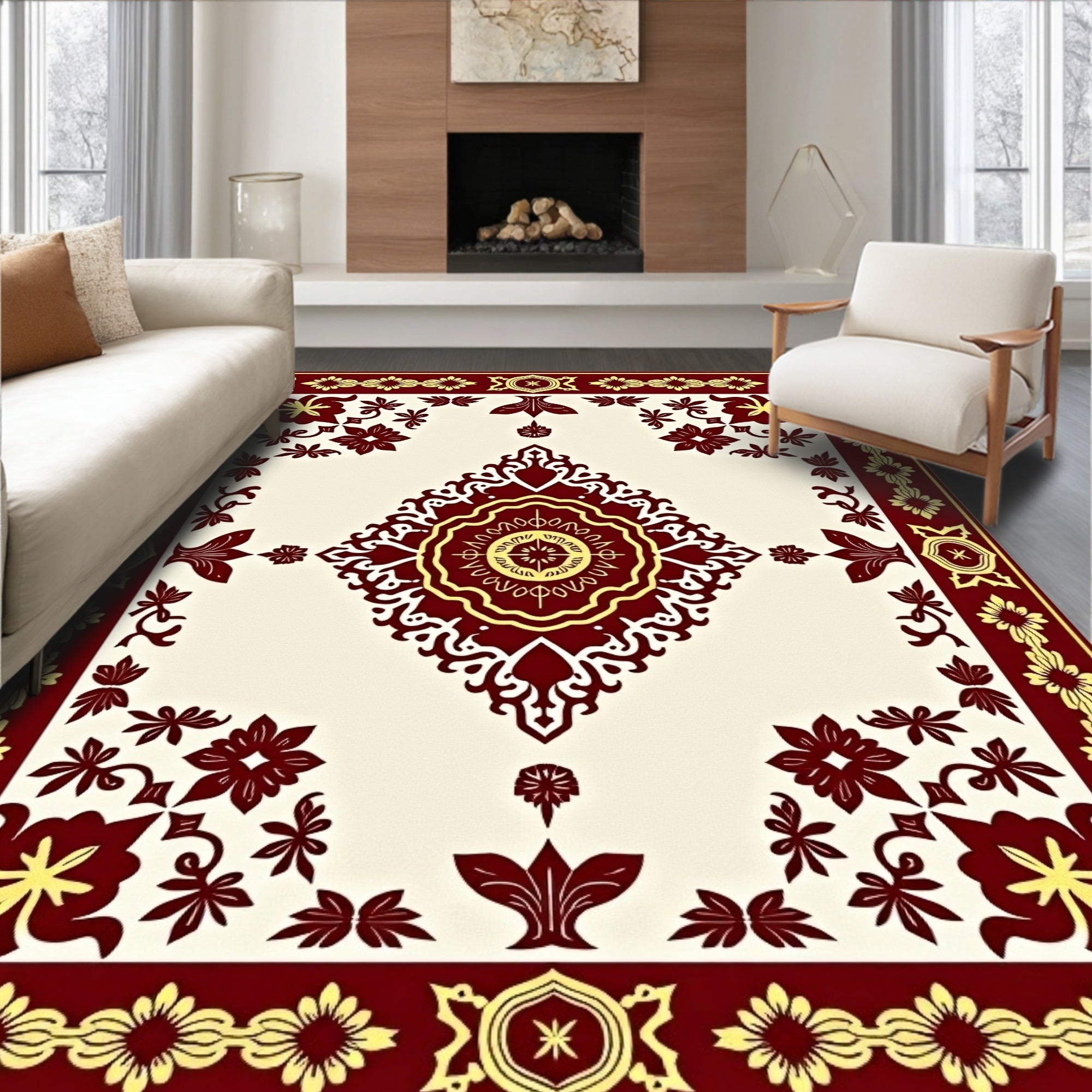 Deep Red Gold Floral Medallion Rug