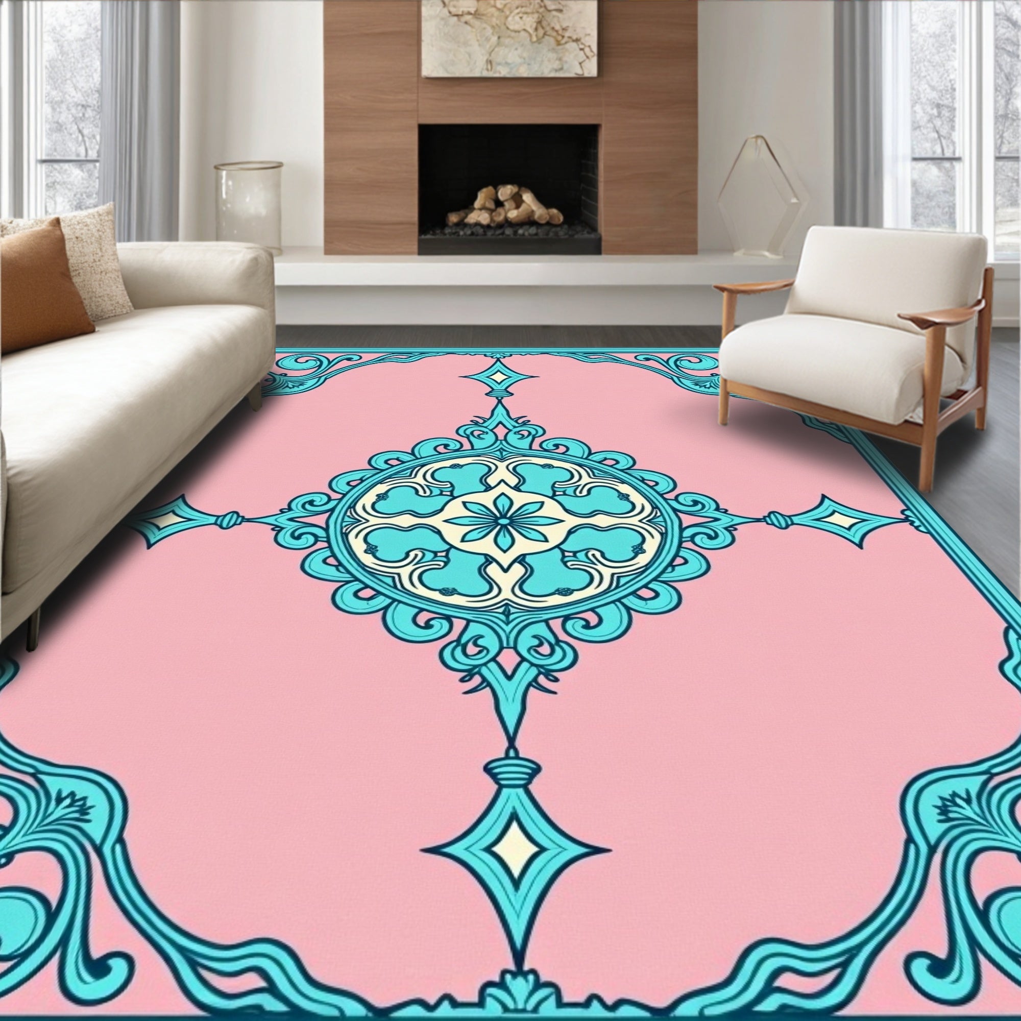 Cerulean Teal Floral Medallion Pink Rug