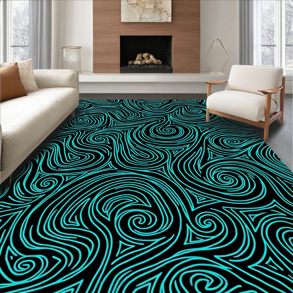 Cyan Swirls and Triangles Abstract Art Rug