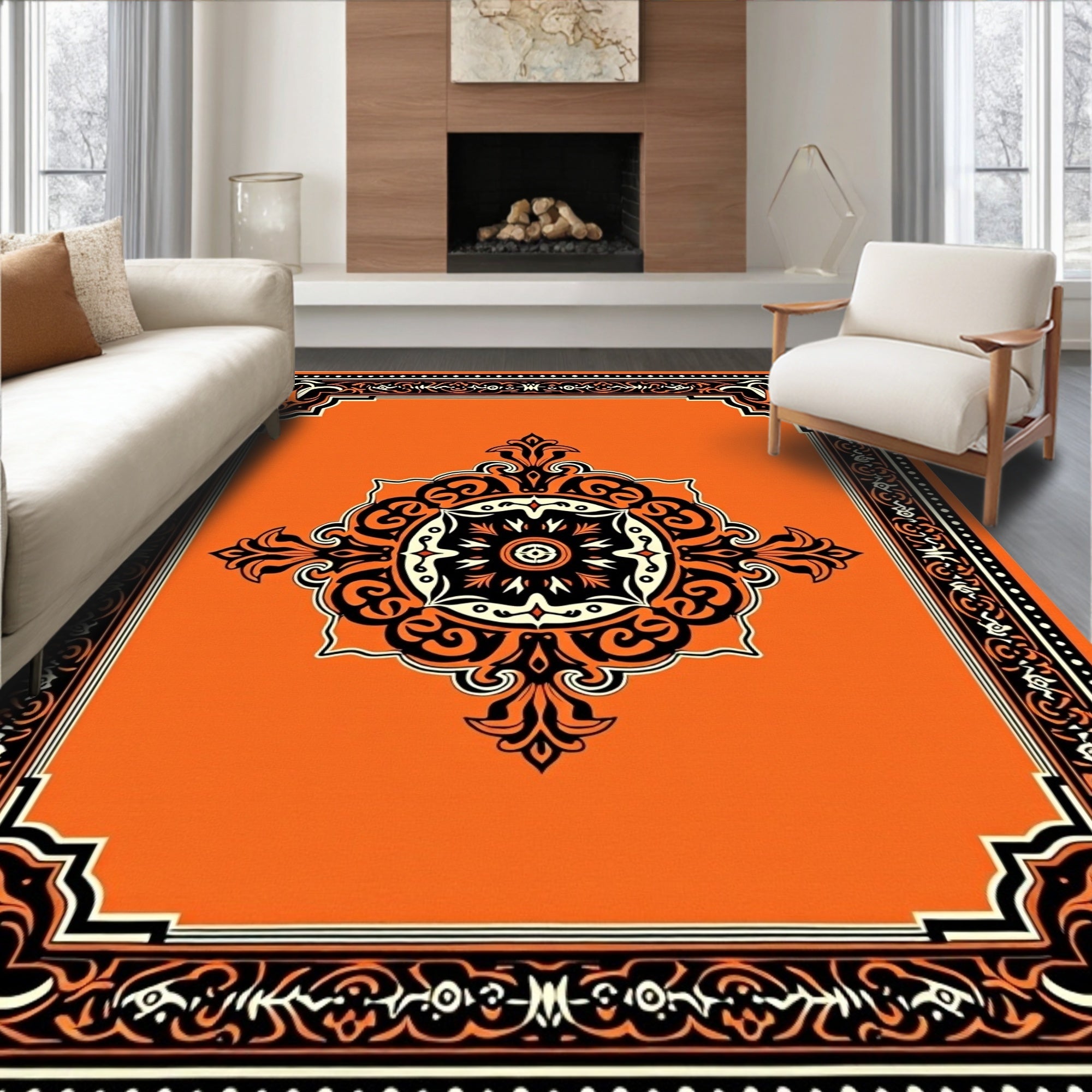 Bold Orange Scrollwork Medallion Rug
