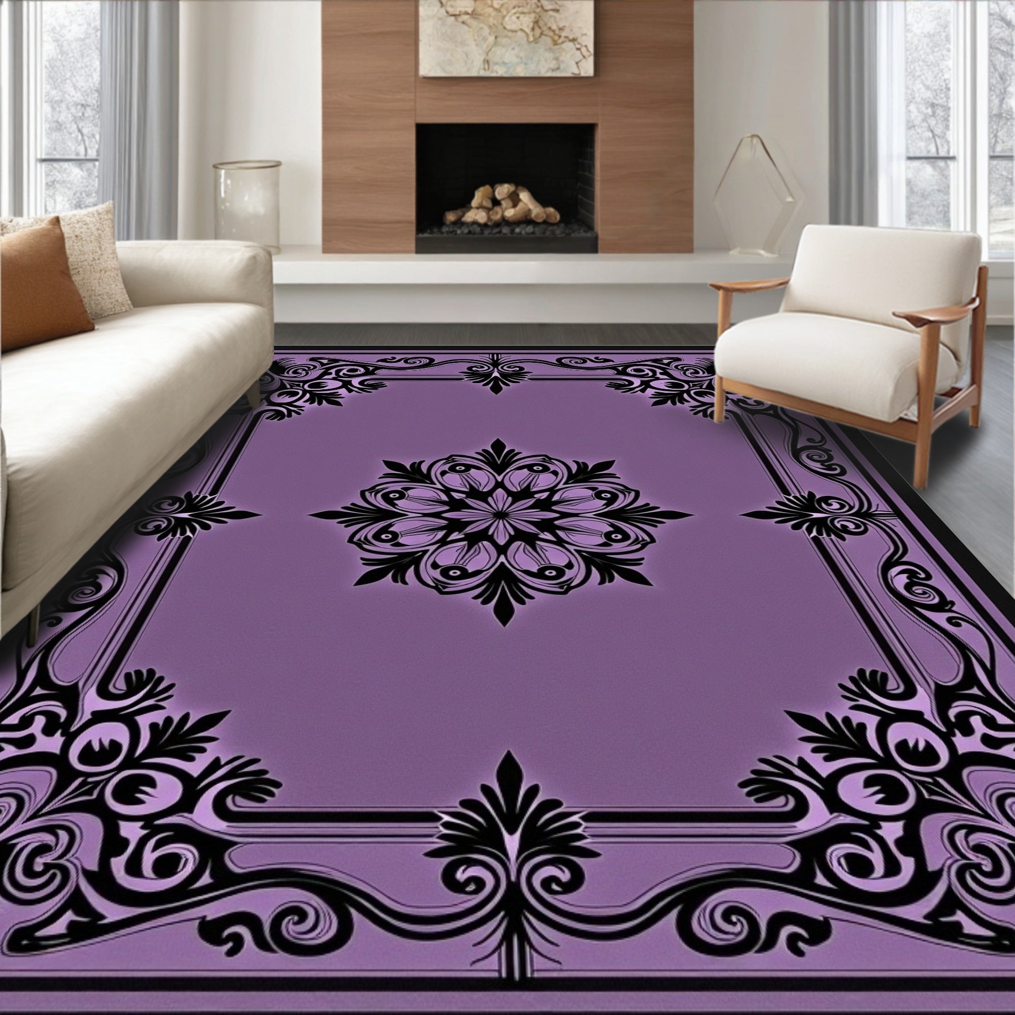 Elegant Lilac Floral Medallion Border Rug