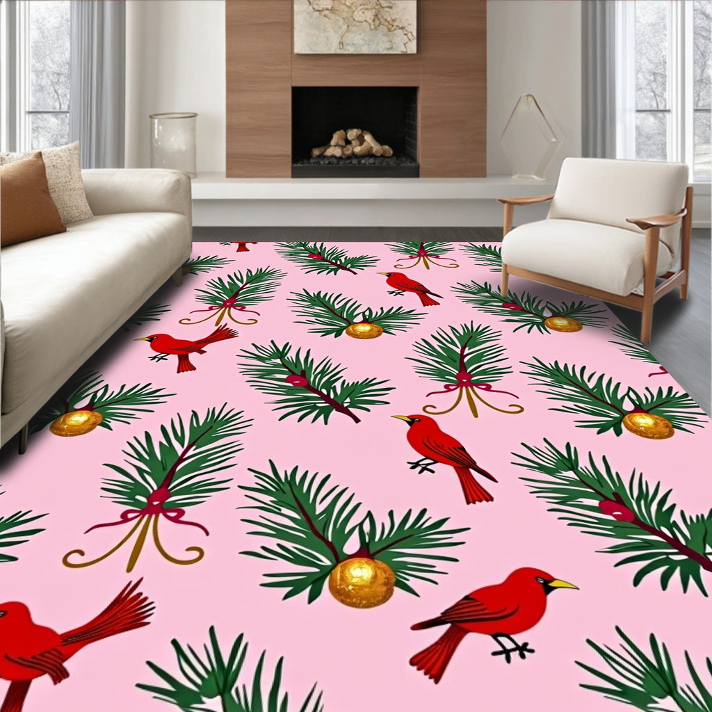 Pink Red Cardinal Evergreen Holiday Rug