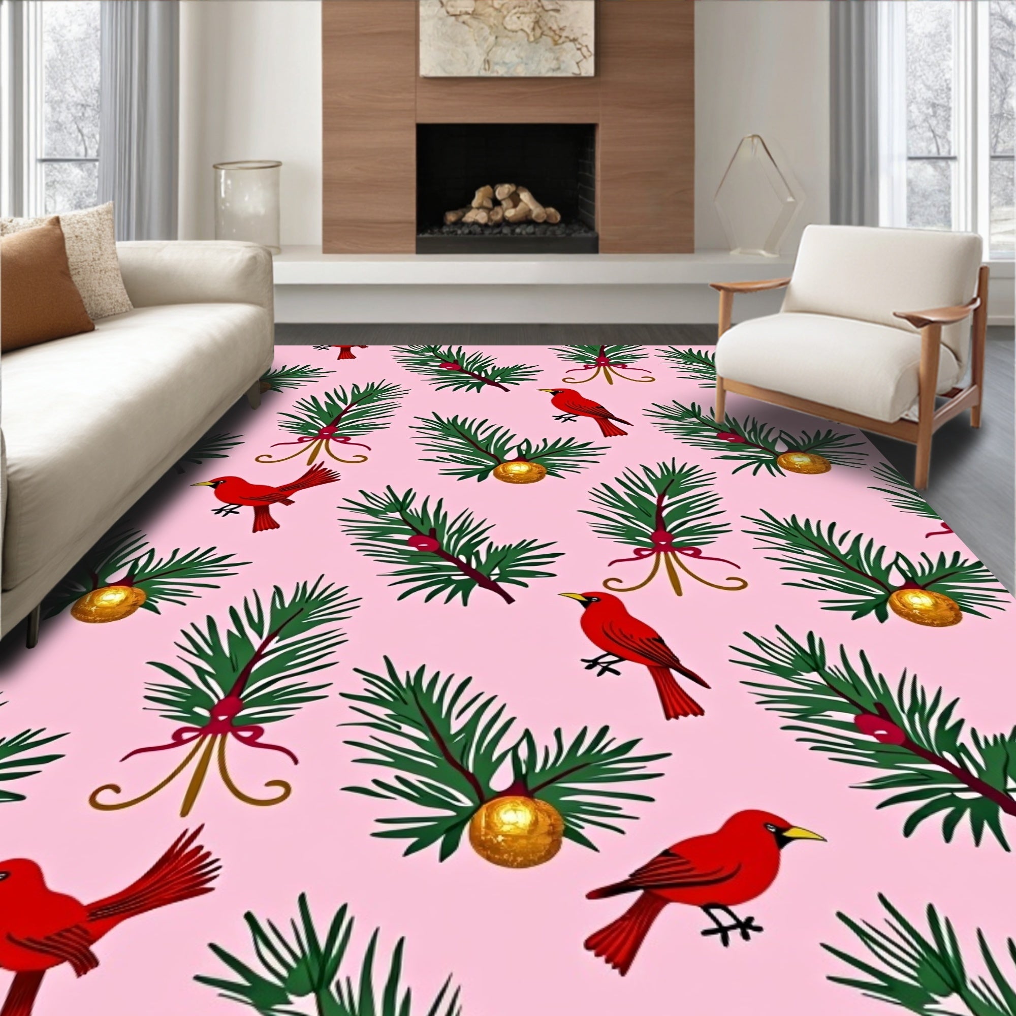 Pink Red Cardinal Evergreen Holiday Rug