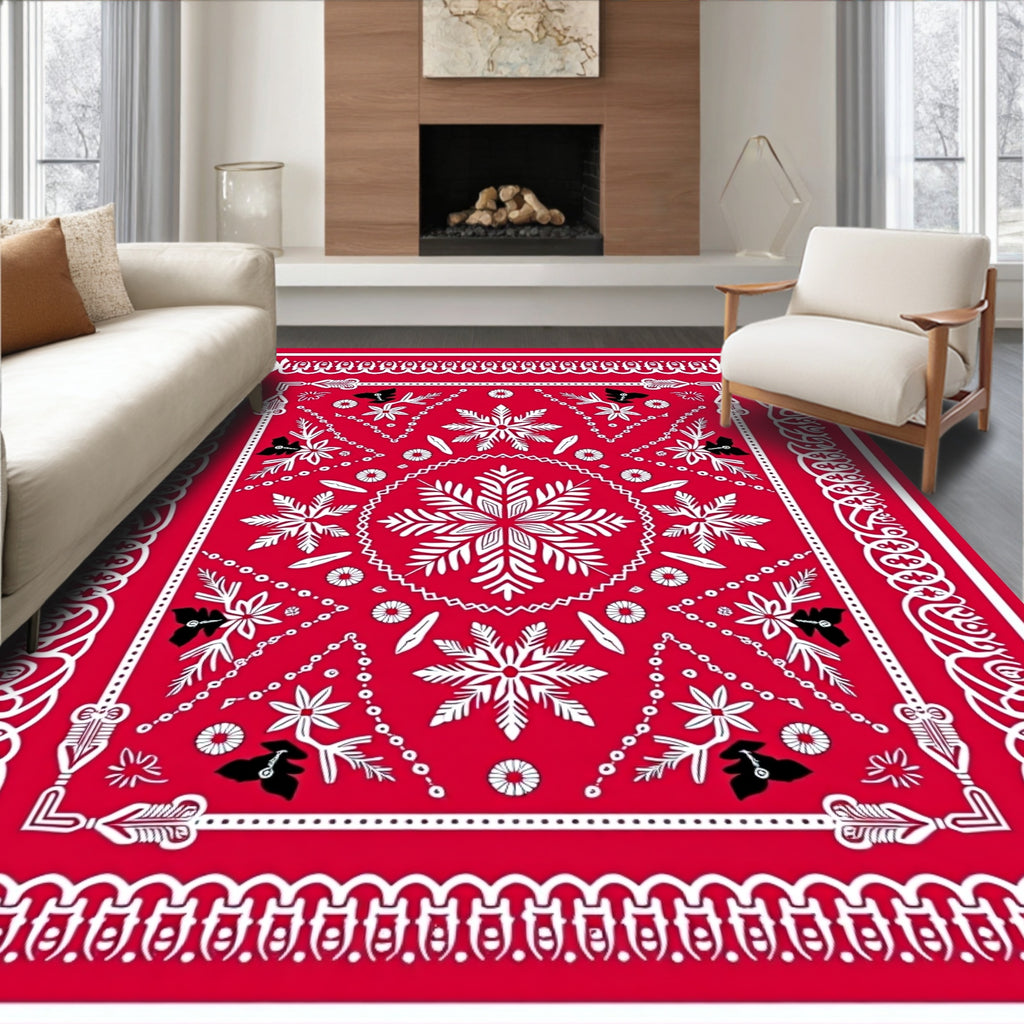 Red White Folk Snowflake Medallion Rug