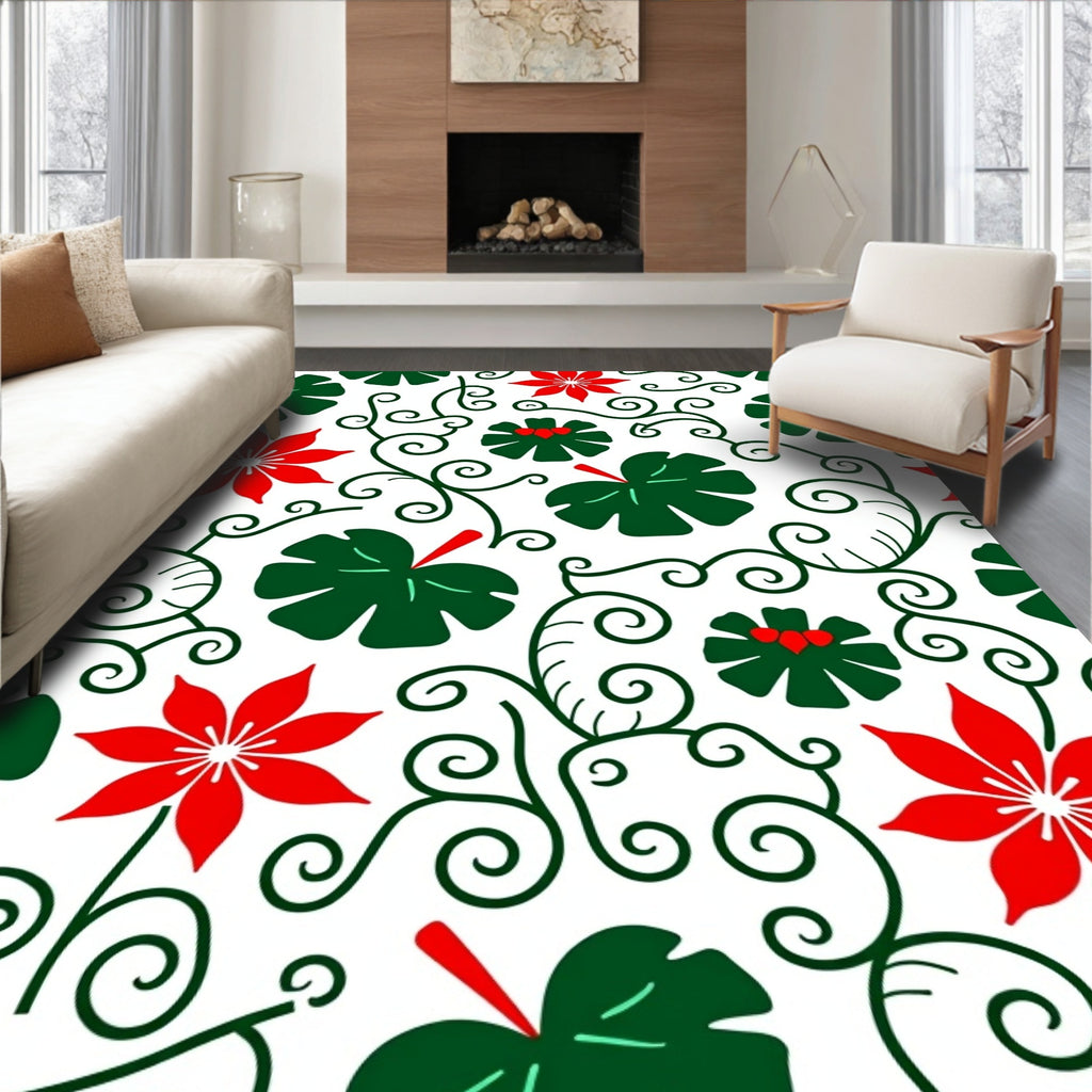 Red Floral Green Leaf Vine Swirls Rug