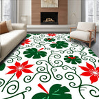Red Floral Green Leaf Vine Swirls Rug