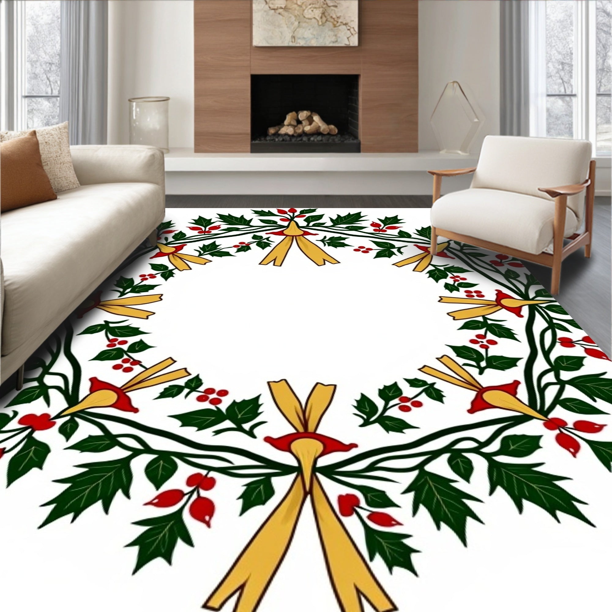 Festive Green Holly Berry Garland Rug