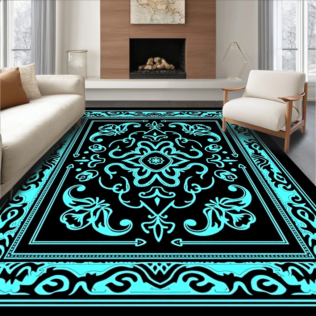 Aqua Black Ornate Floral Frame Rug