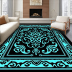 Aqua Black Ornate Floral Frame Rug