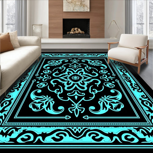Aqua Black Ornate Floral Frame Rug