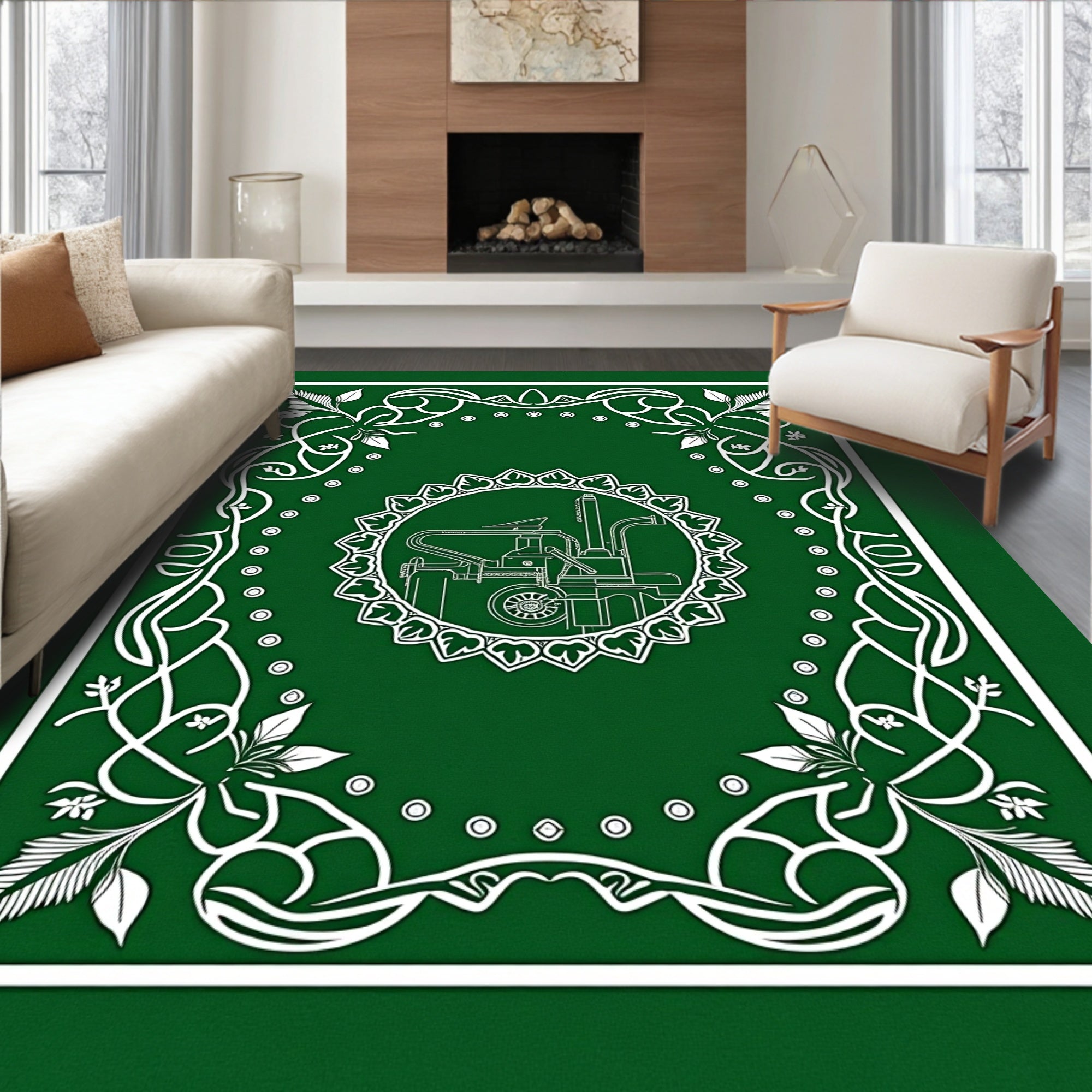 Emerald Green Botanical Machine Frame Rug
