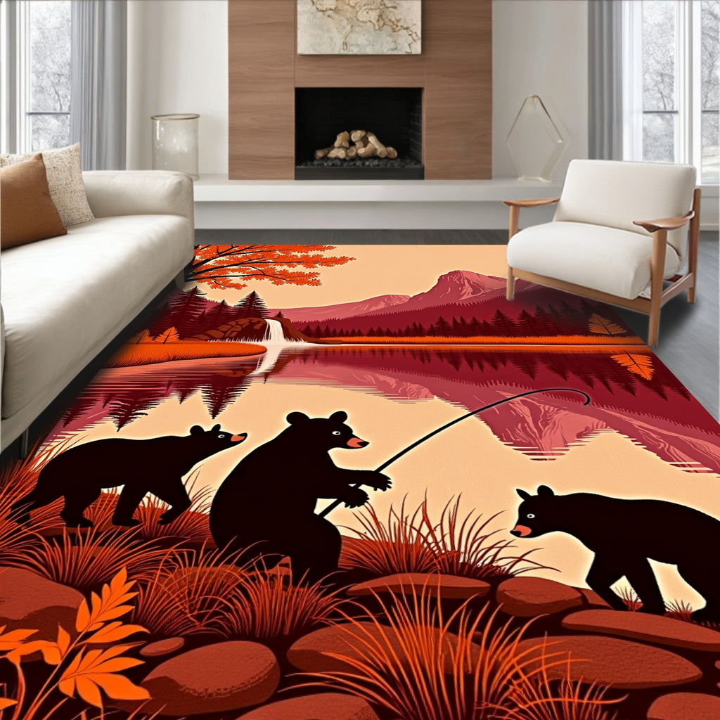Rustic Autumn Bear Fishing Lake Rug