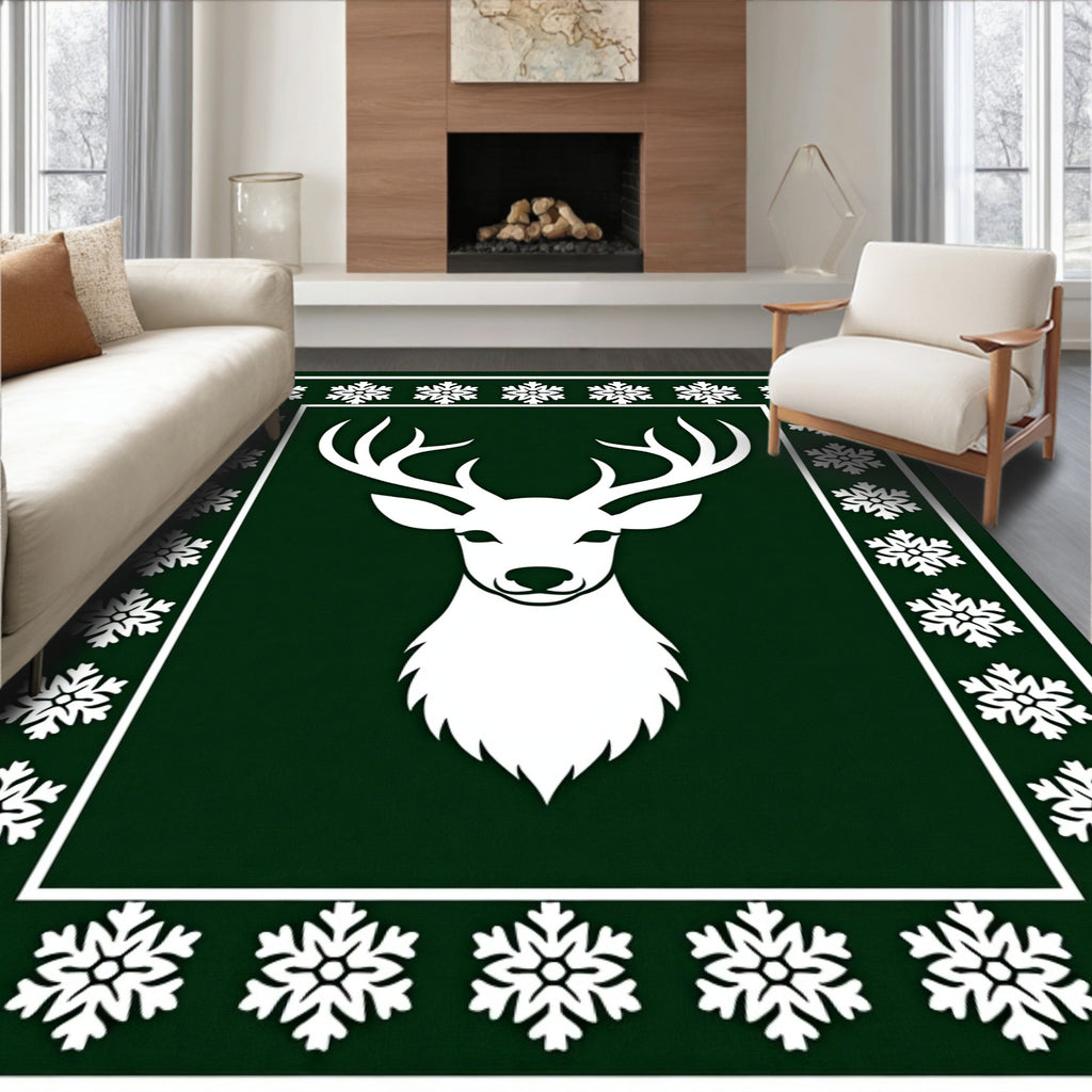 Emerald Green White Snowflakes Deer Rug