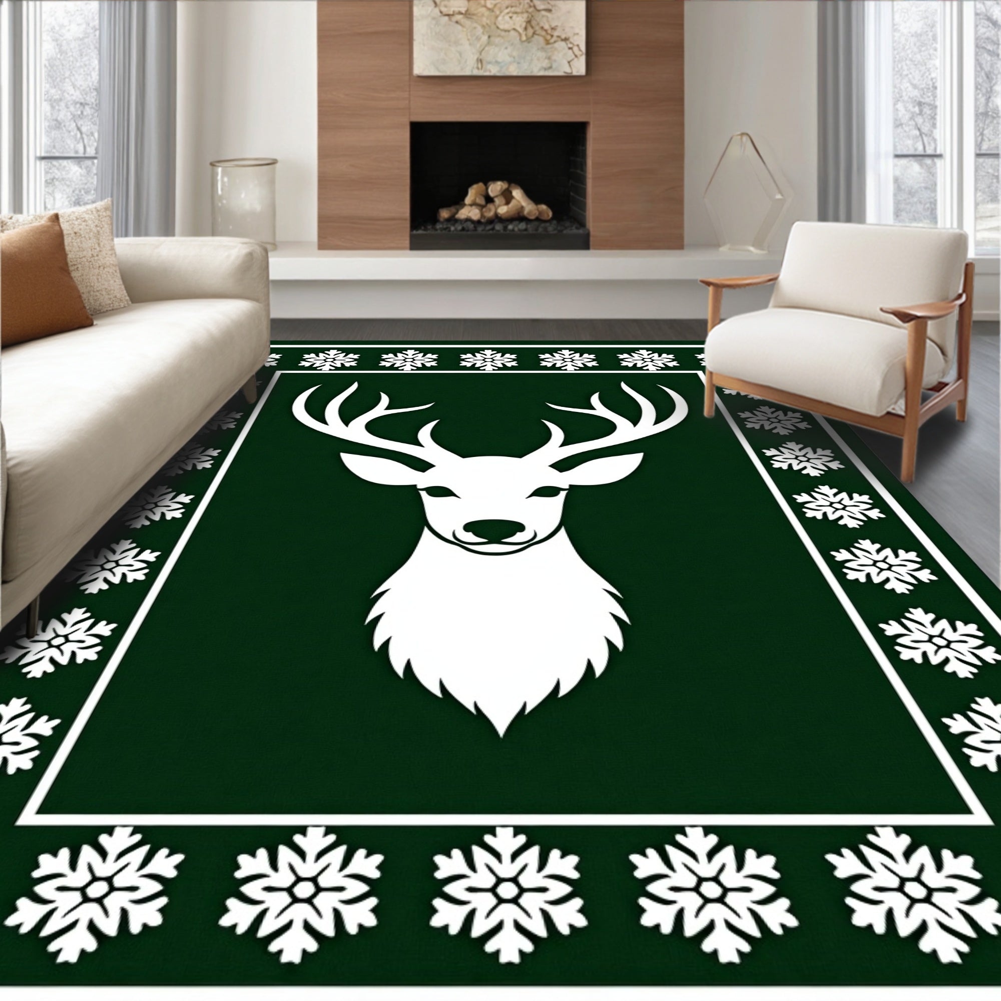 Emerald Green White Snowflakes Deer Rug