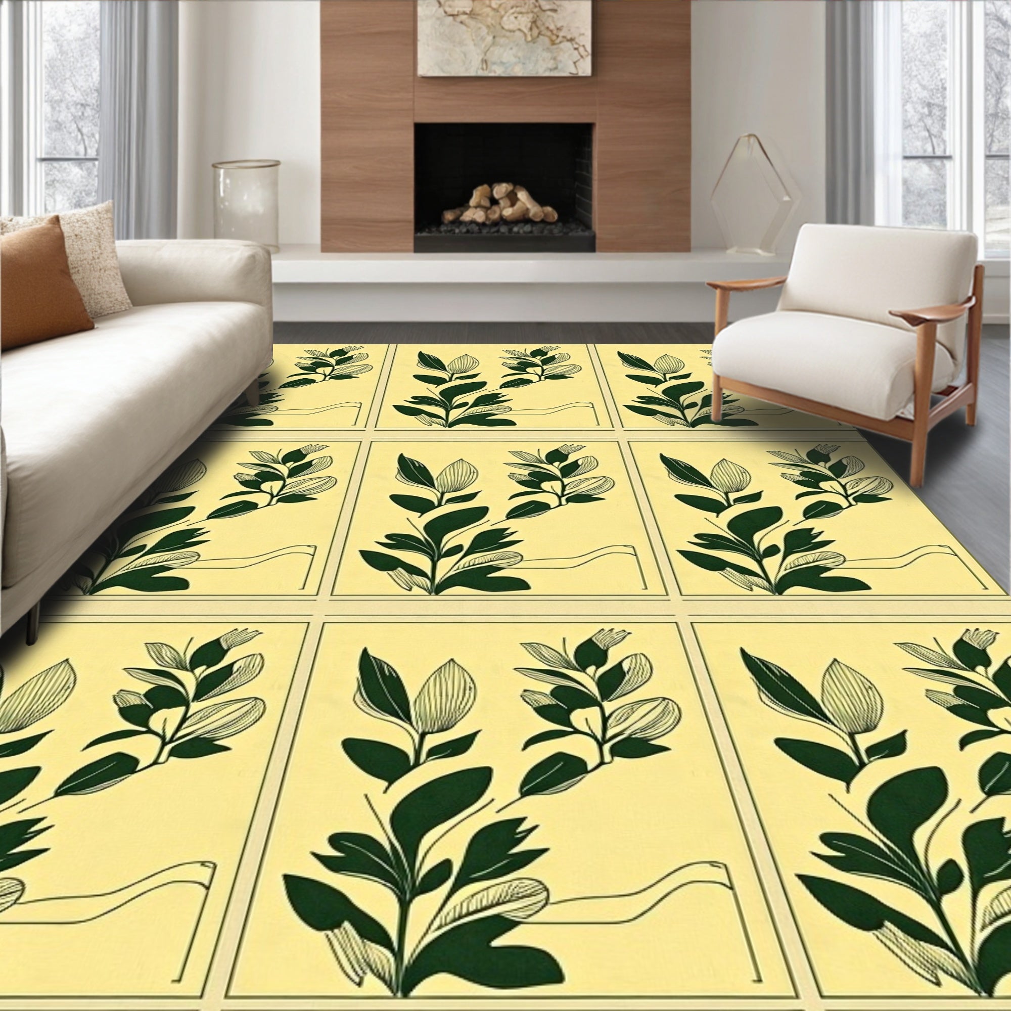 Dark Green Botanical Branch Yellow Square Rug