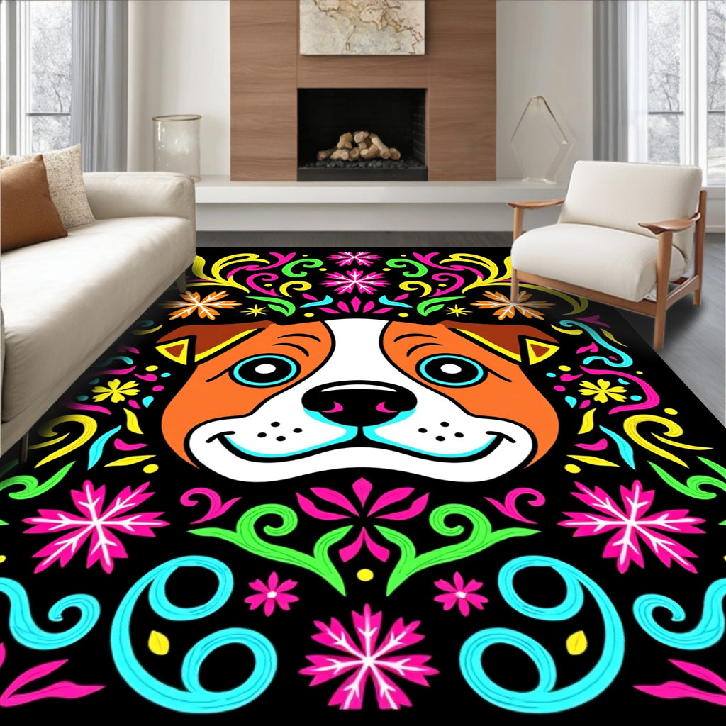 Vibrant Dog Face Colorful Floral Swirls Rug