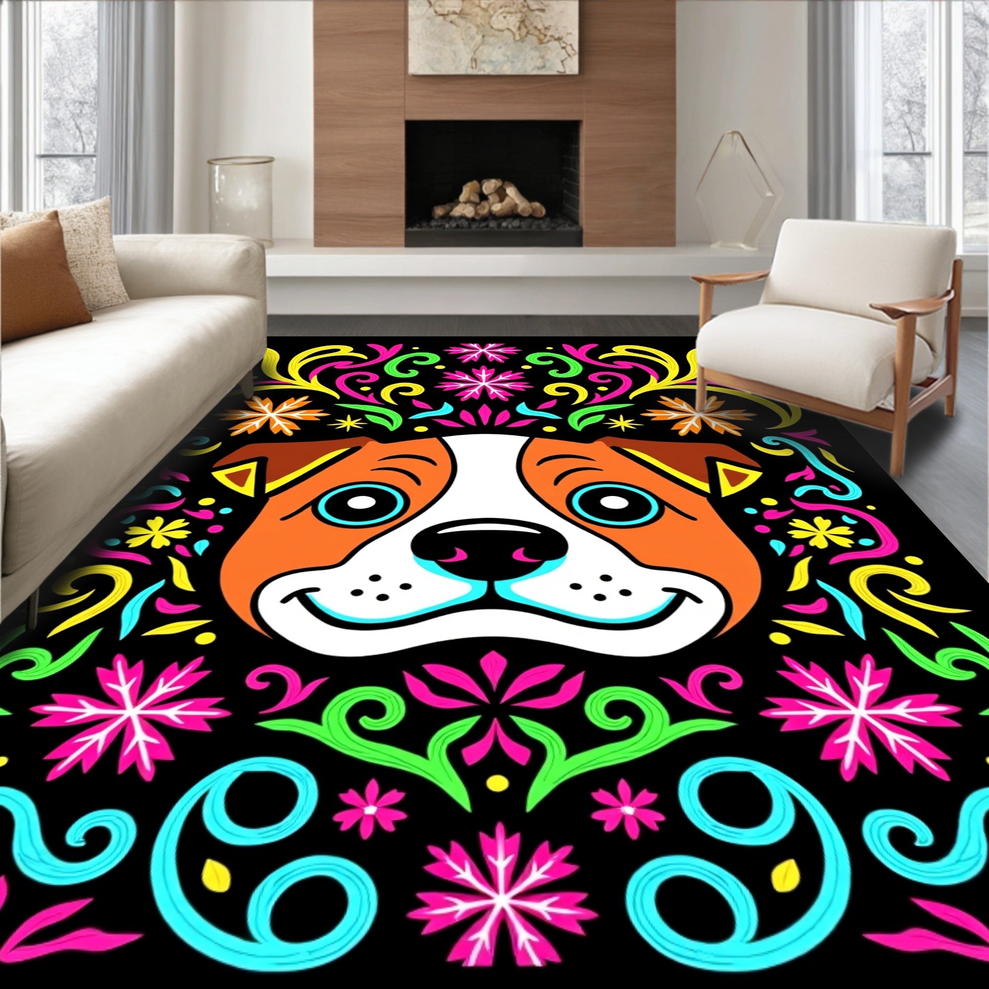 Vibrant Dog Face Colorful Floral Swirls Rug