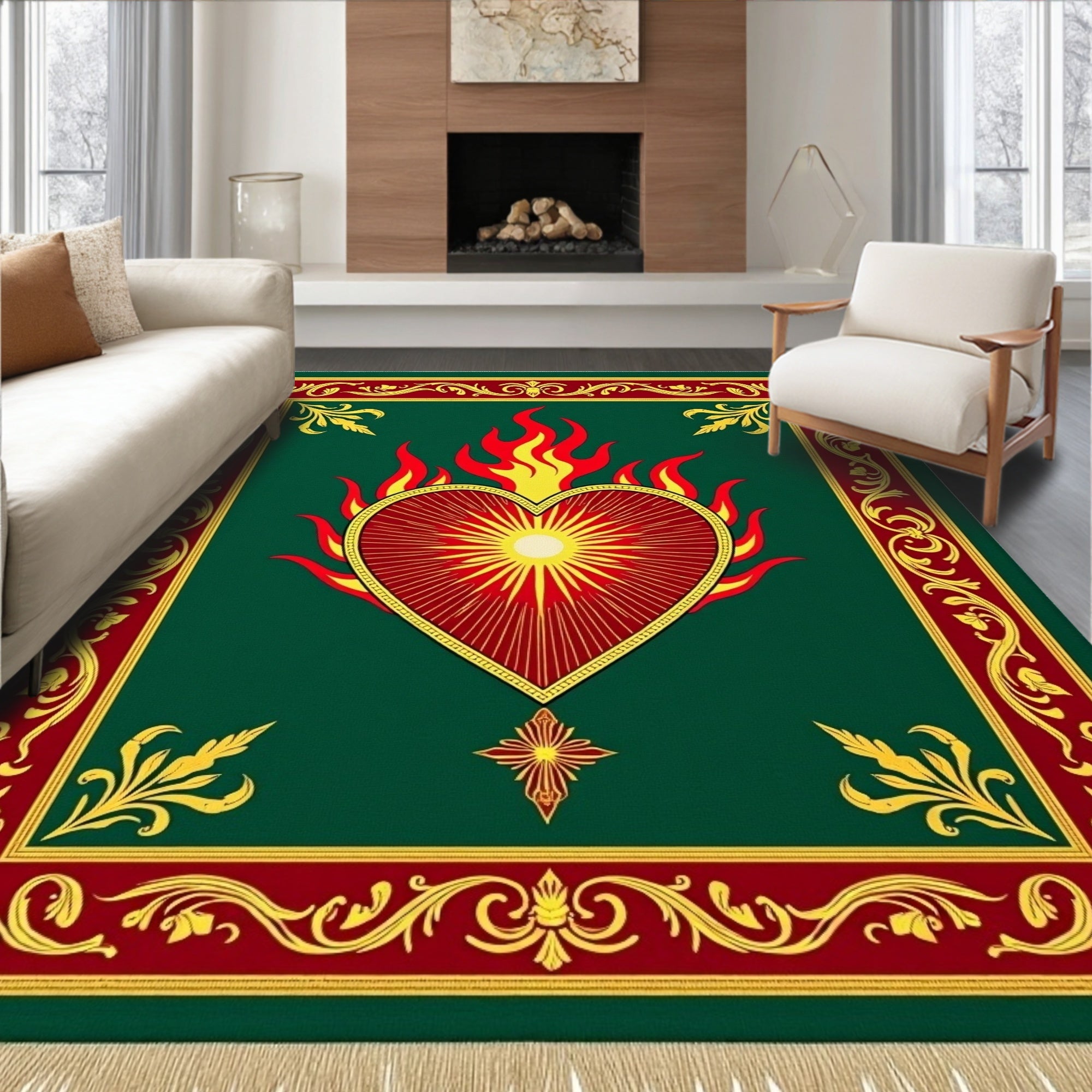 Sacred Heart Of Flames Green Rug