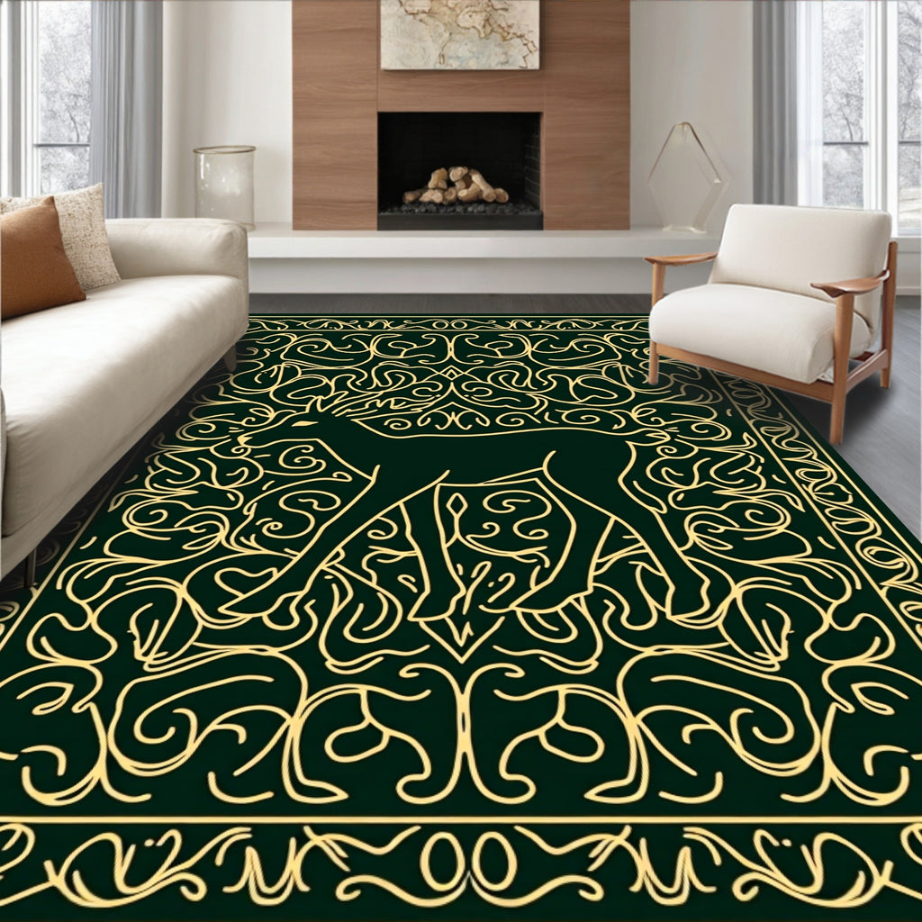 Dark Green Golden Deer Line Art Rug