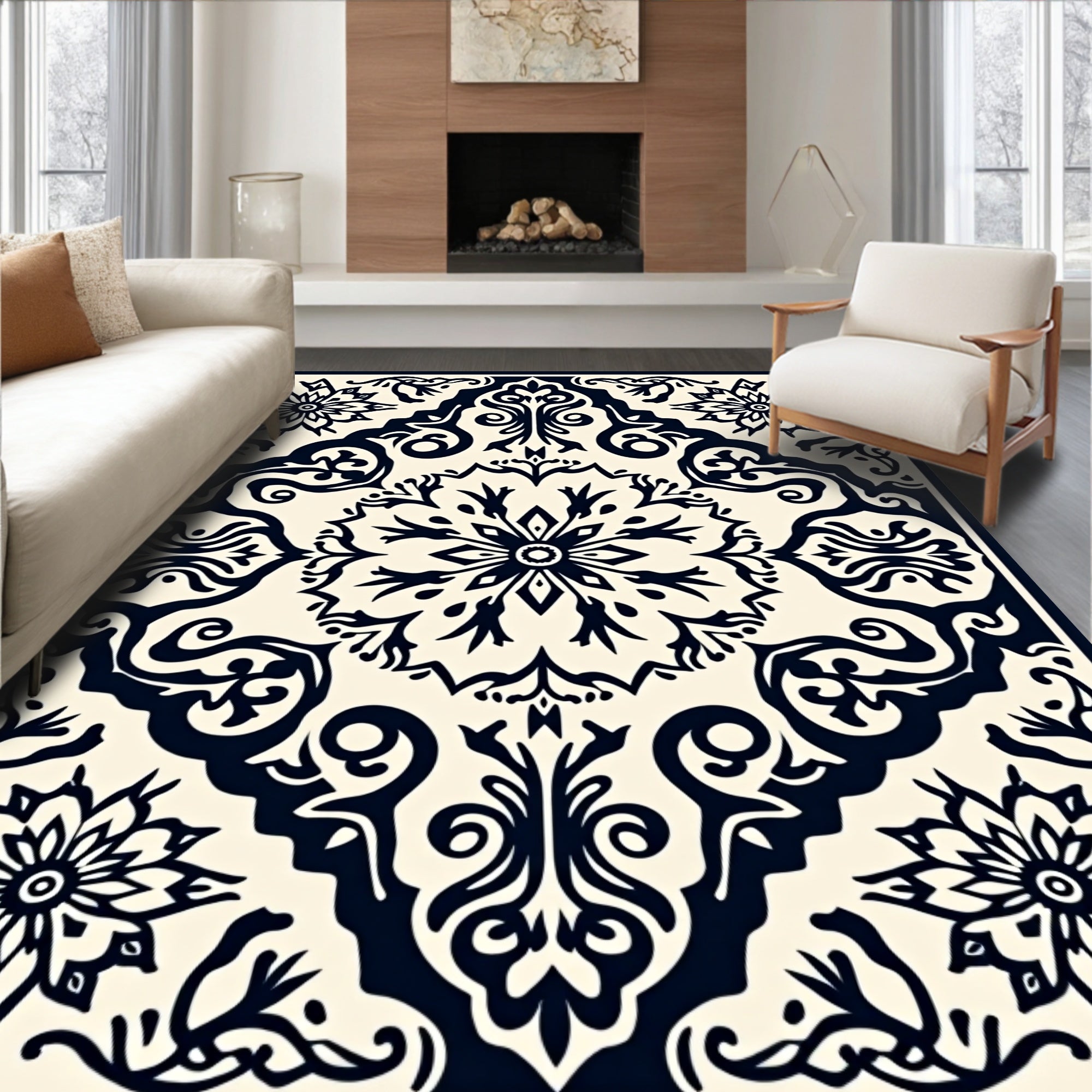 Dark Navy Floral Medallion Ornament Rug